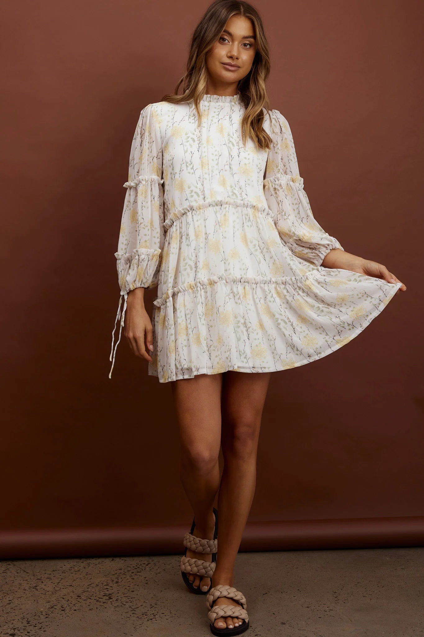 Beatrix High Neck Balloon Sleeve Dress Floral Yellow