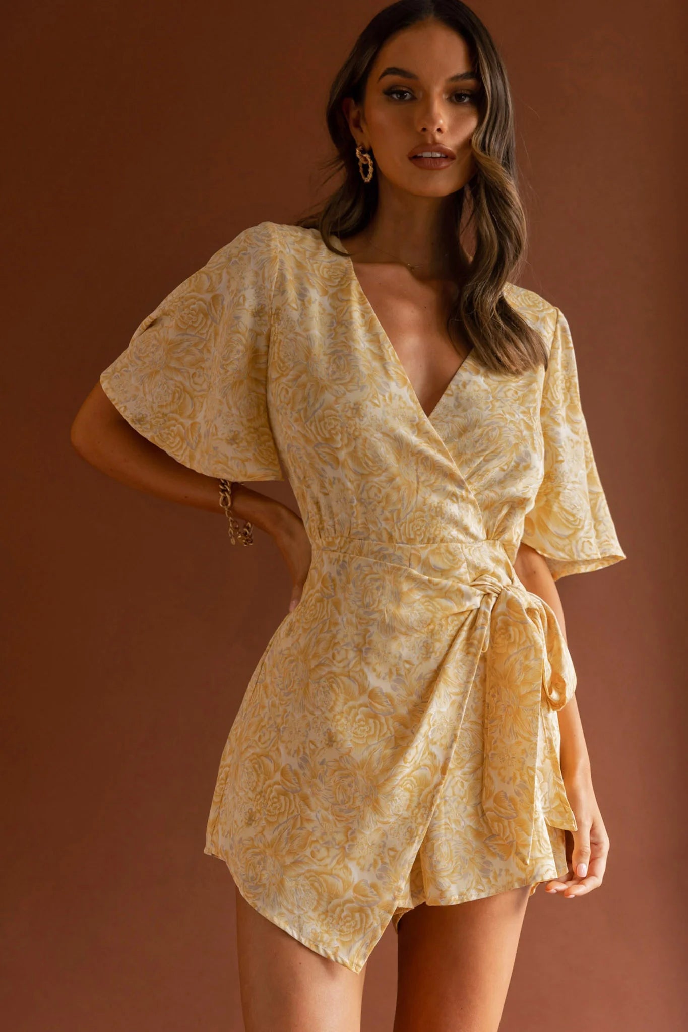 Nadi V-Neckline Wrap Romper Rose Flower Print Yellow