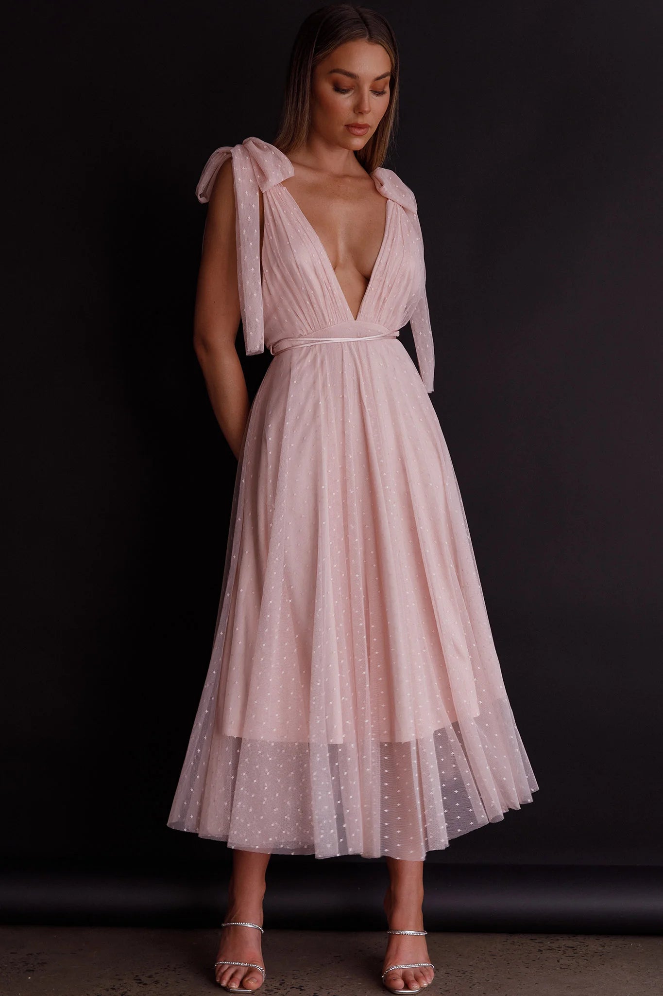 Kathryn Tied Shoulder Mesh Midi Dress Blush