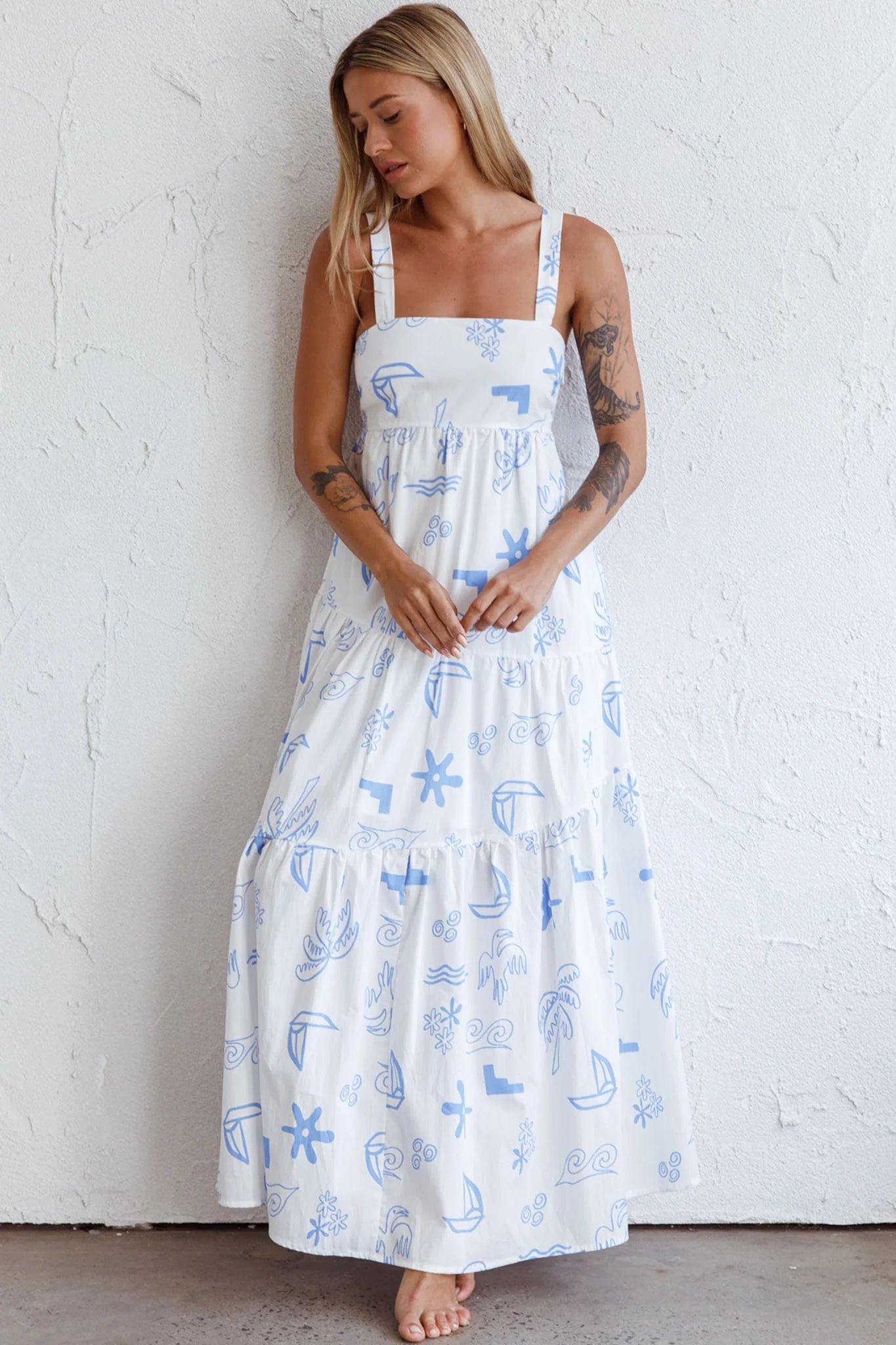 Indianna Square Neckline Maxi Dress Printed White