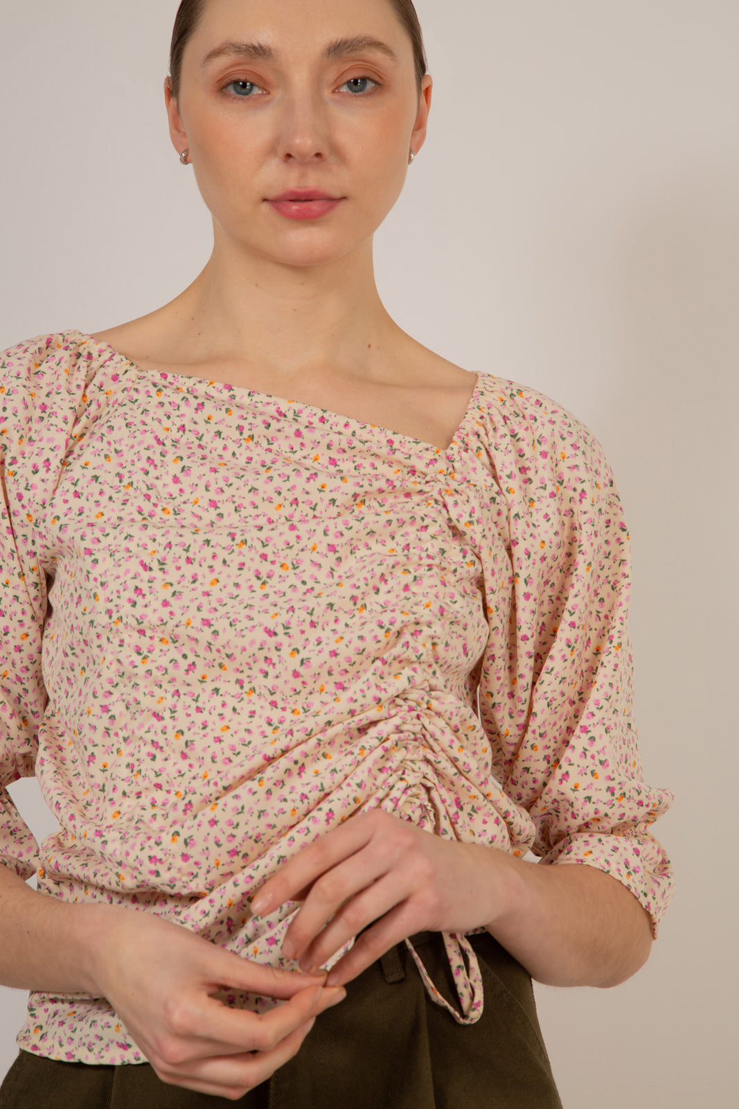 Ivory and pink floral double ruched long sleeved top