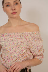 Ivory and pink floral double ruched long sleeved top