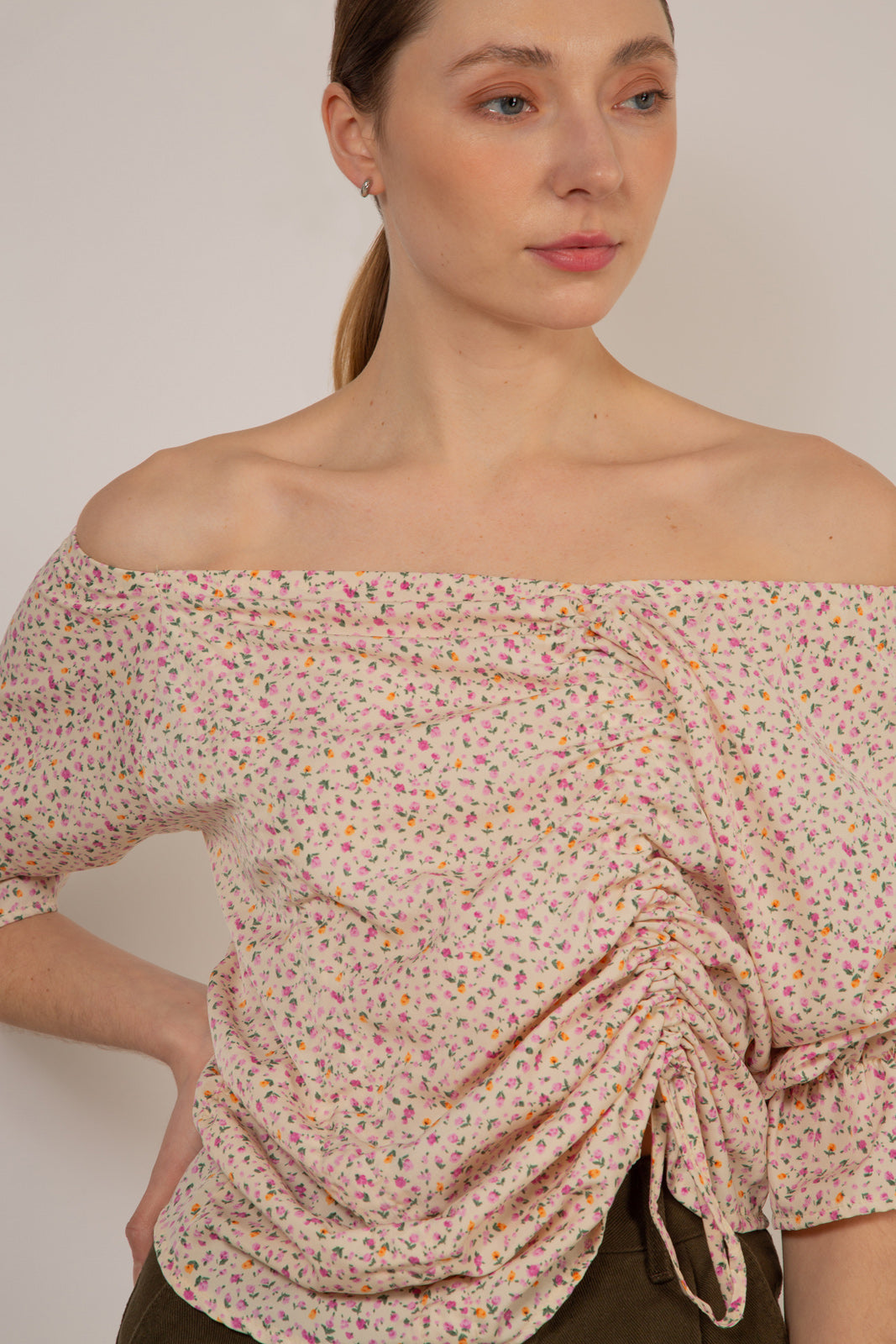 Ivory and pink floral double ruched long sleeved top