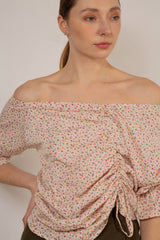 Ivory and pink floral double ruched long sleeved top