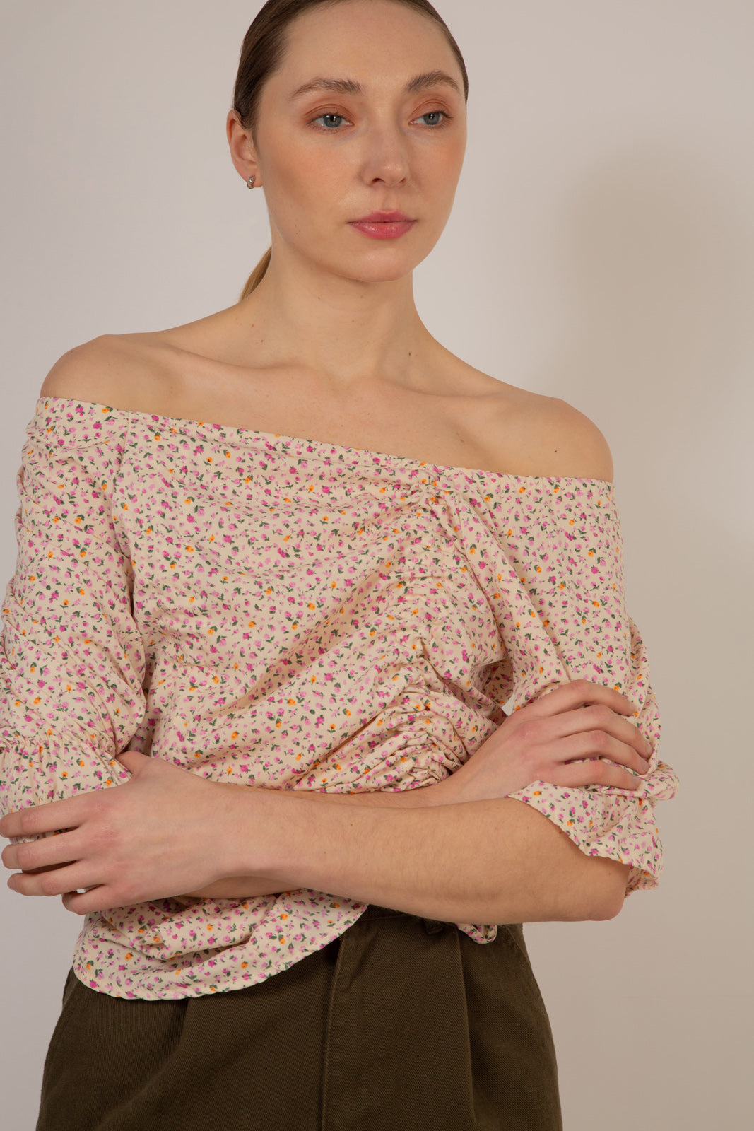 Ivory and pink floral double ruched long sleeved top