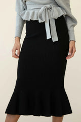 Shalon Ribbed Knit Fluted Hem Midi Skirt Antique Black