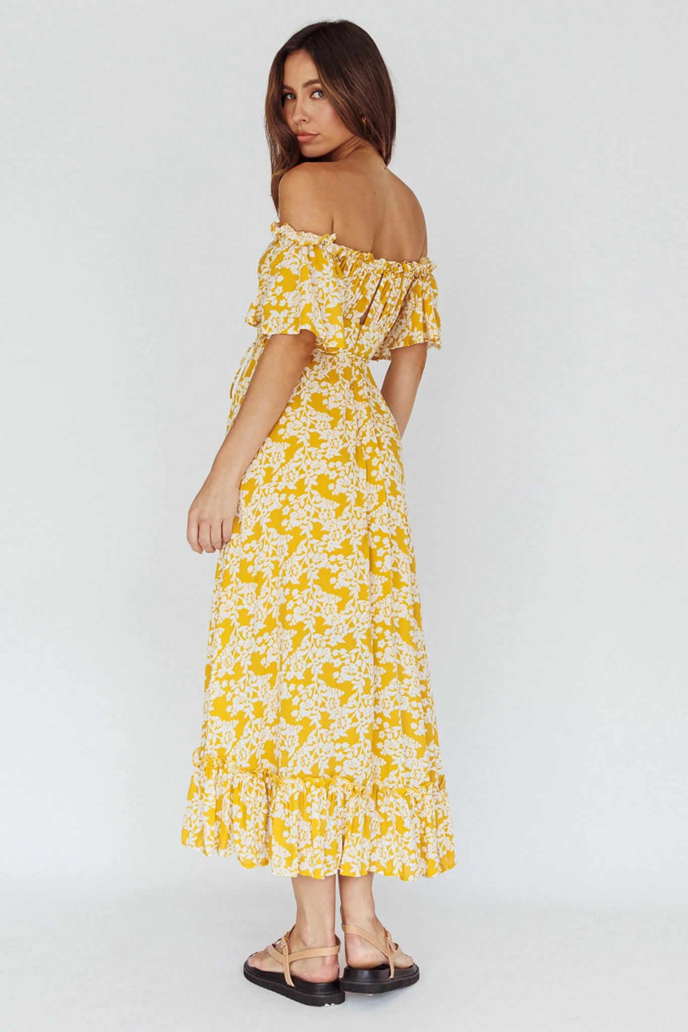Voyager Off-Shoulder Bell Sleeve Midi Dress Floral Yellow