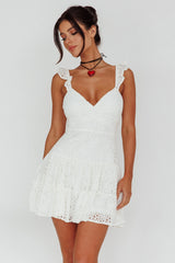 Short Notice Ruffle Strap Lace Mini Dress White
