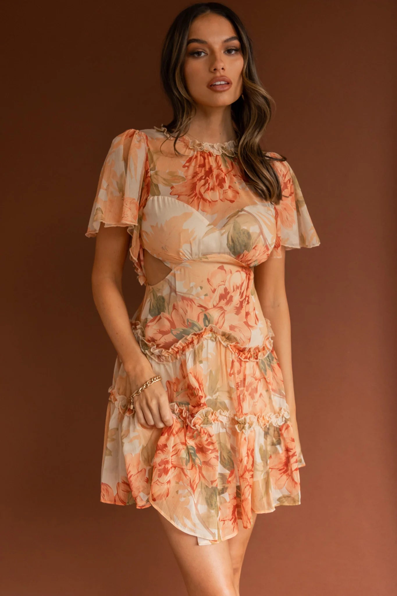 Tres Chic Flutter Sleeve Cut-Out Dress Botanical Tangerine