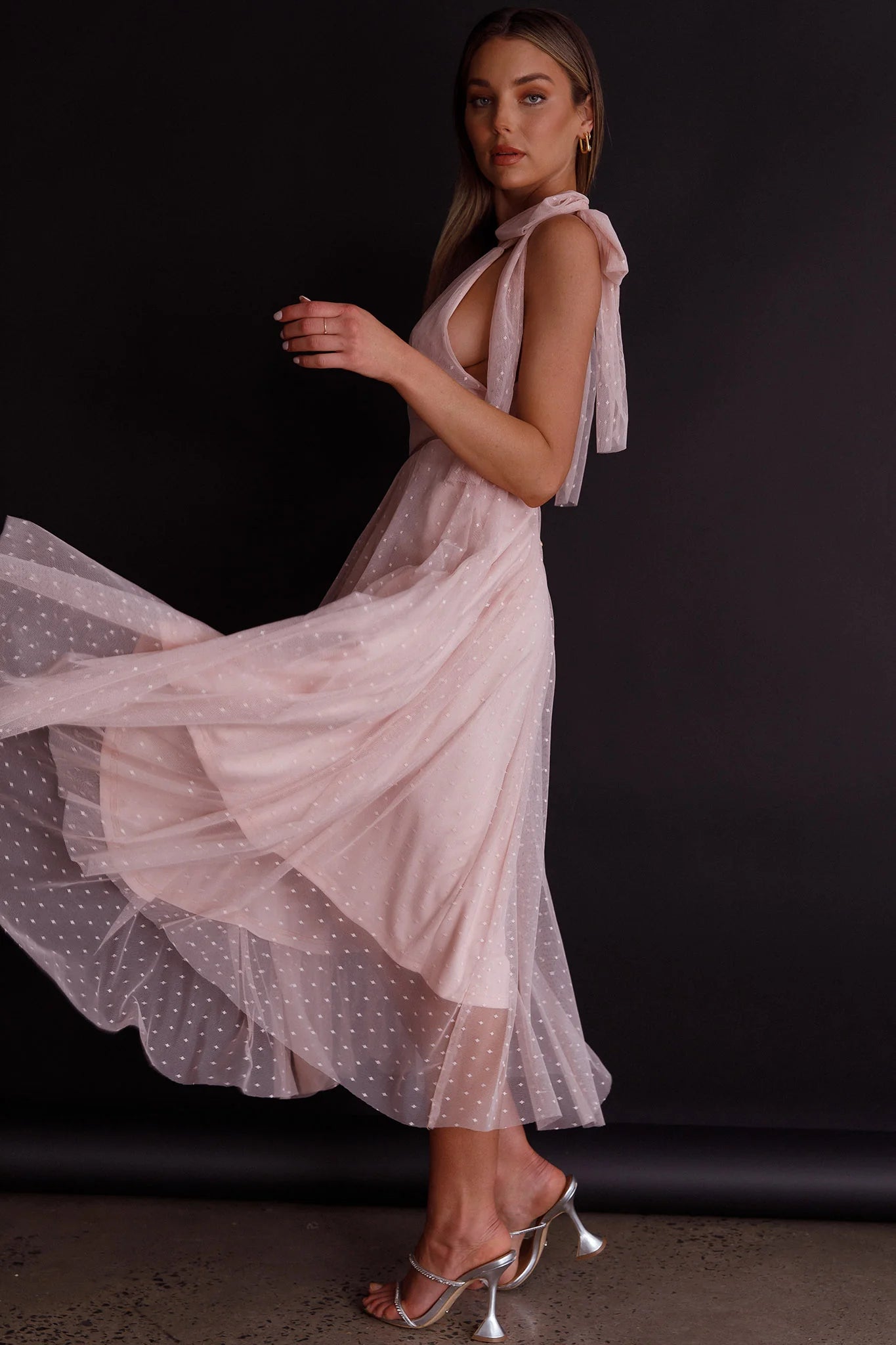 Kathryn Tied Shoulder Mesh Midi Dress Blush