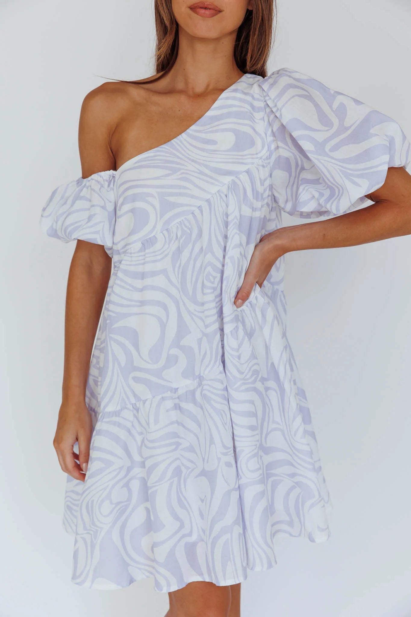 Villa Puff Sleeve One-Shoulder Dress Blue
