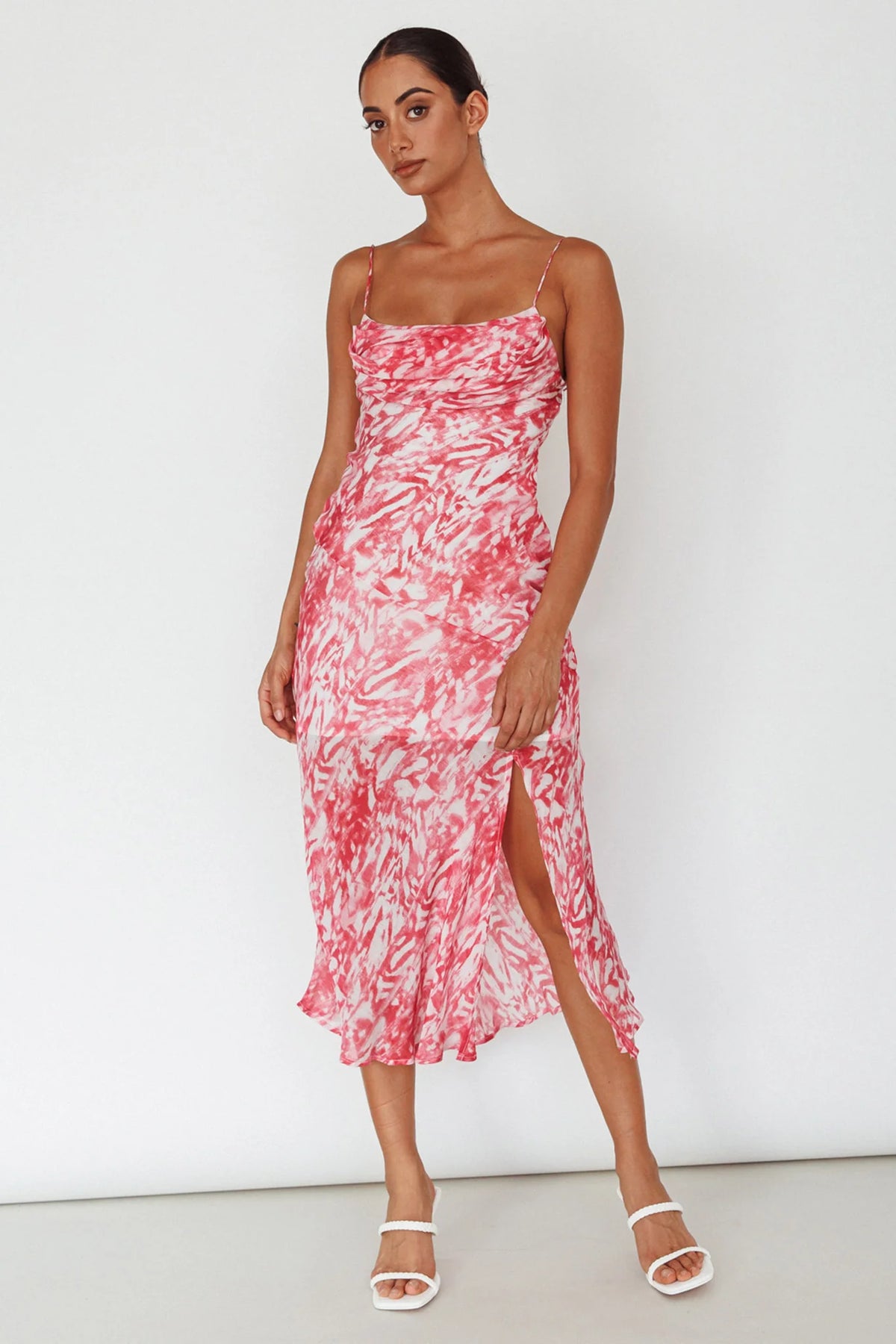 Well Versed Pleated Bust Front Split Dress Swirl Fuchsia