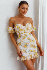 Verona Off-Shoulder Gathered Mini Dress Floral Yellow