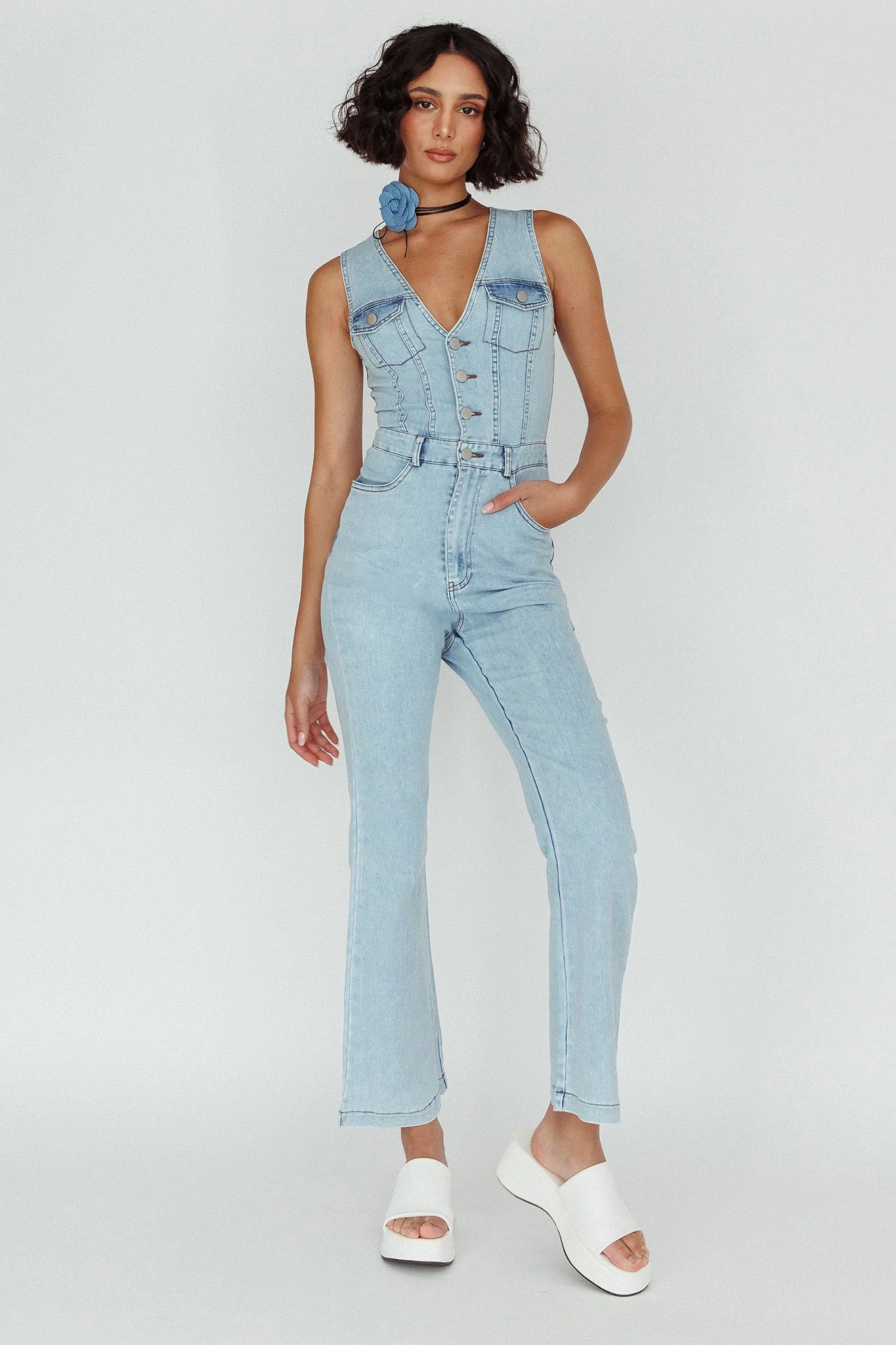 Jazelle Button Front Jumpsuit Washed Blue