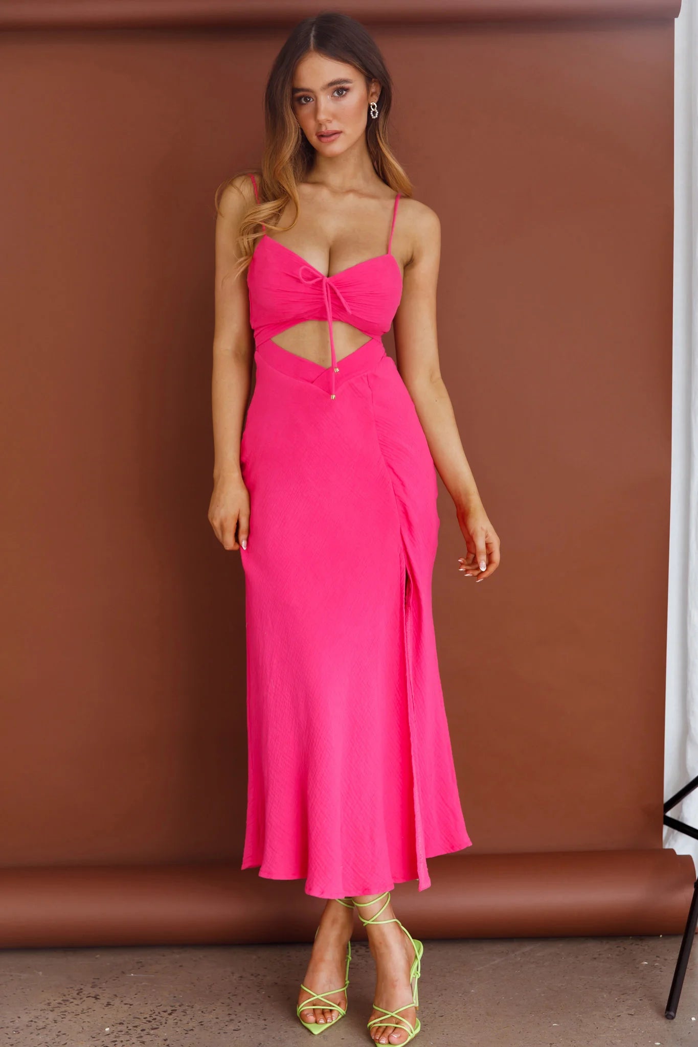 Twin Flame Drawstring Bust Midi Dress Hot Pink