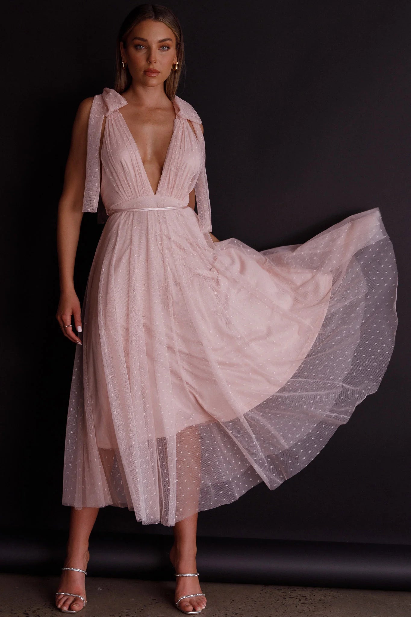 Kathryn Tied Shoulder Mesh Midi Dress Blush