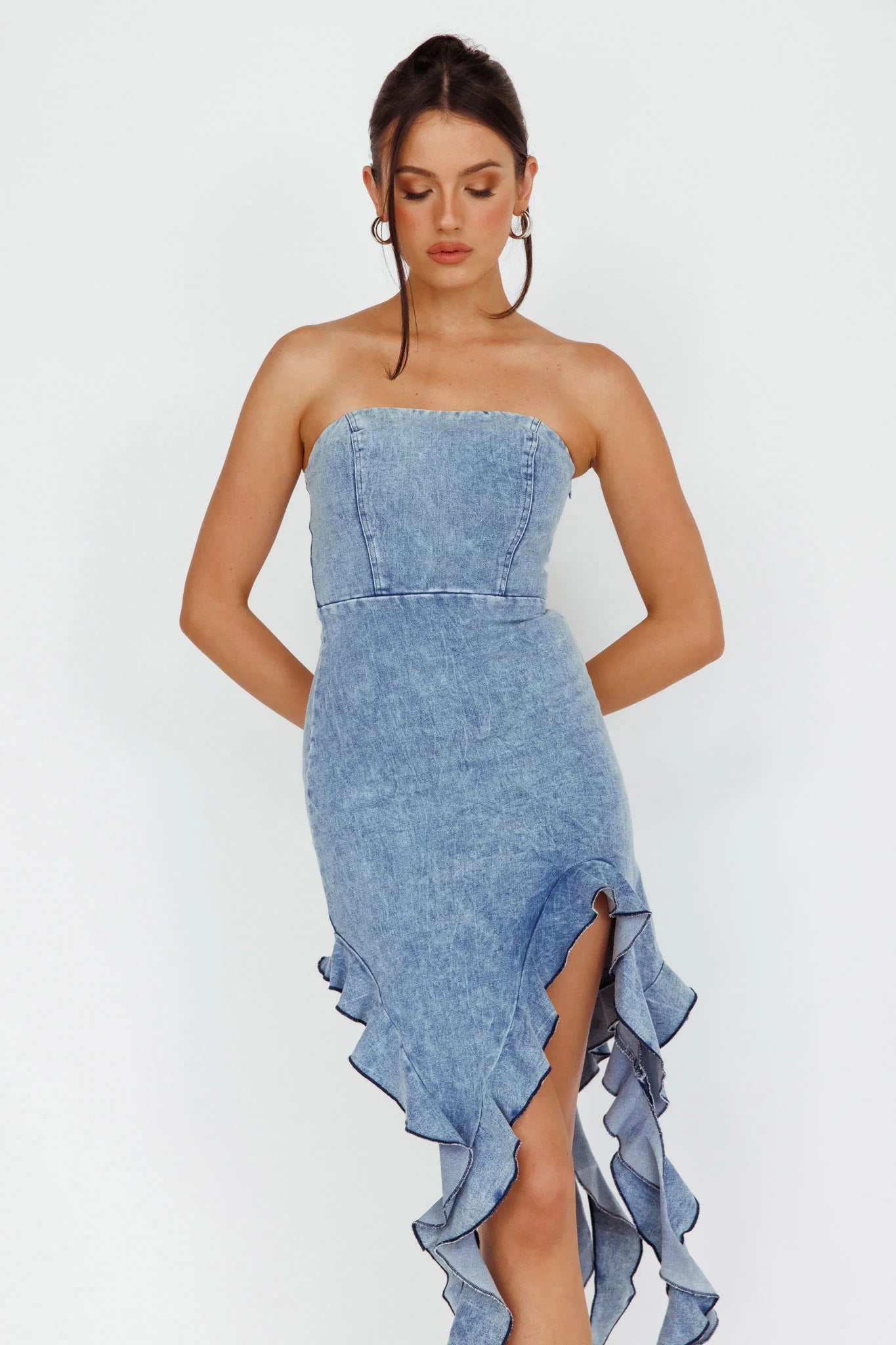 After Party Ruffle Trim Mini Dress Denim Blue