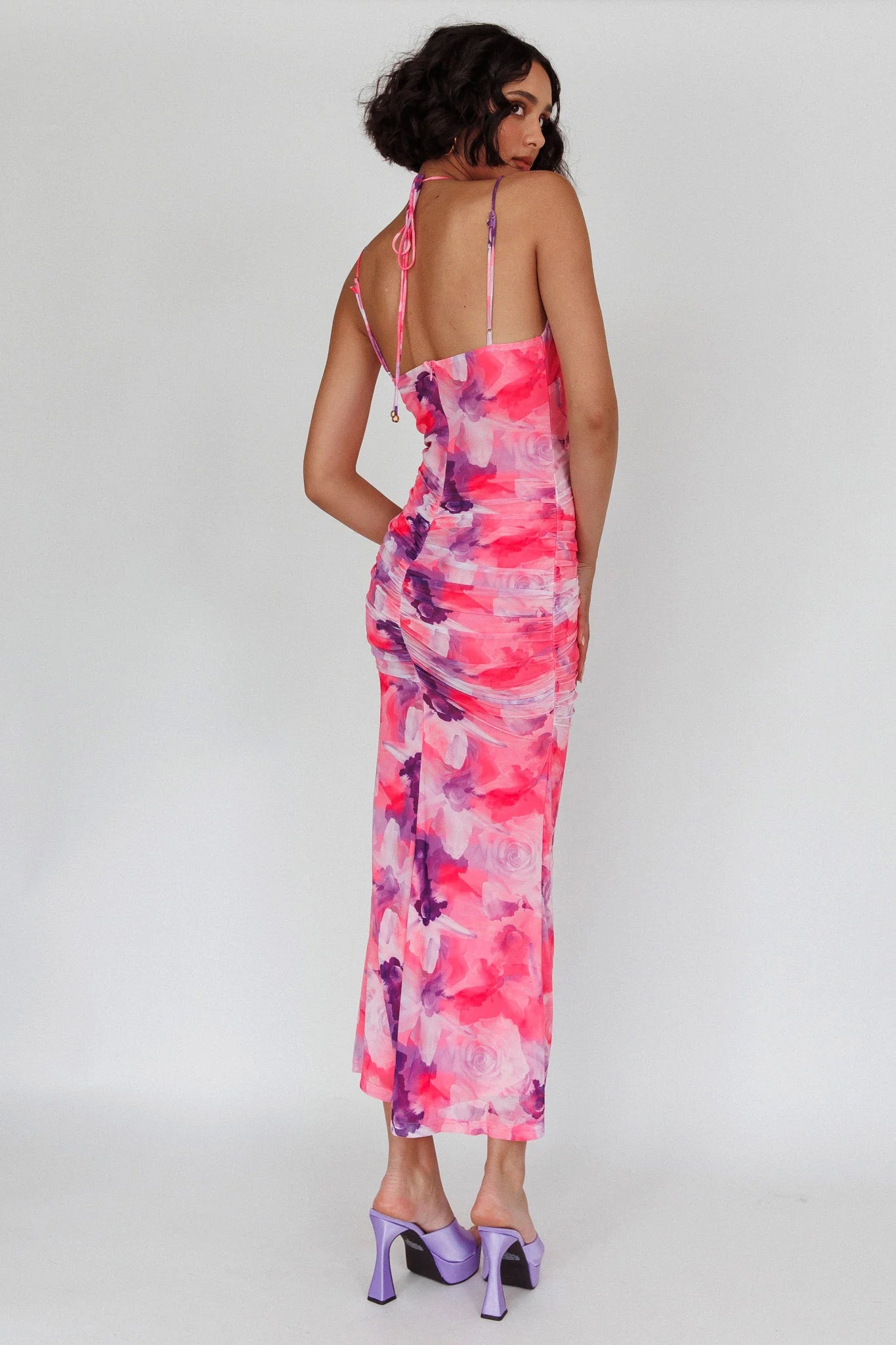 Gypsy Garden Laced Bodice Ruched Midi Dress Pink