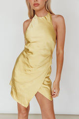 Sonoma Halterneck Faux Wrap Twist Back Mini Dress Lemon