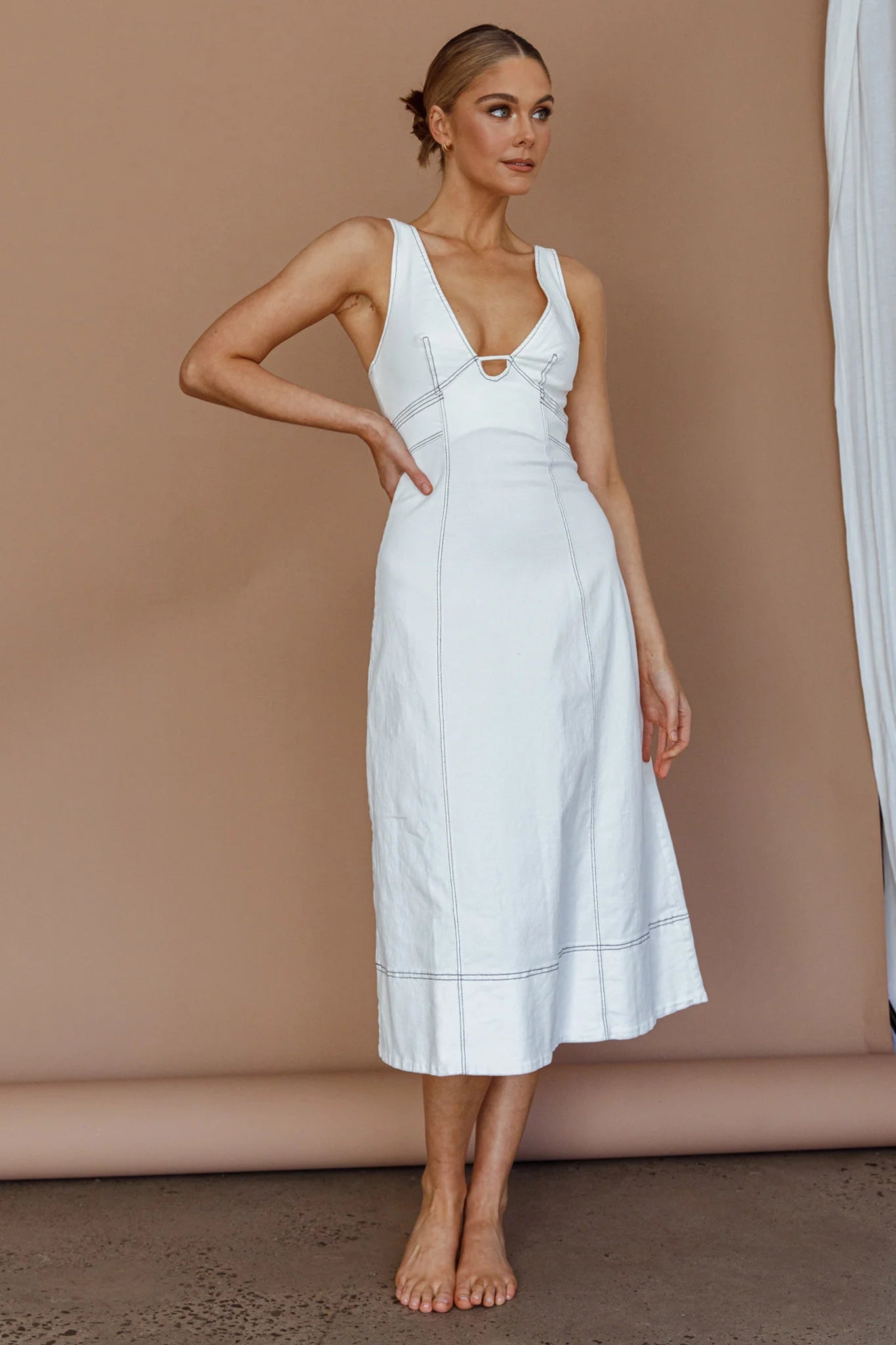 Elias Decorative Stitch Midi Dress White