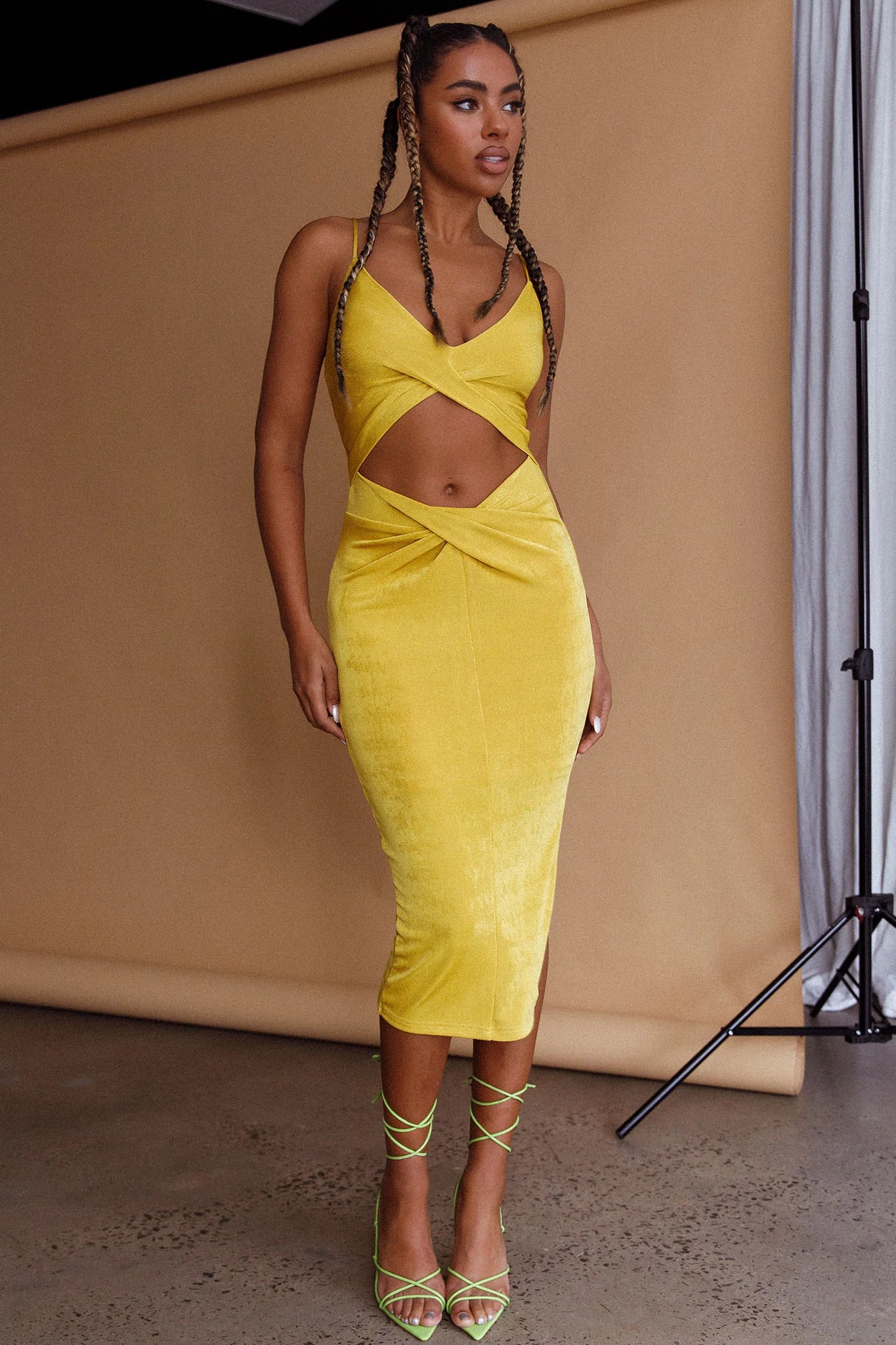Loving You Cut-Out Waist Midi Dress Yellow