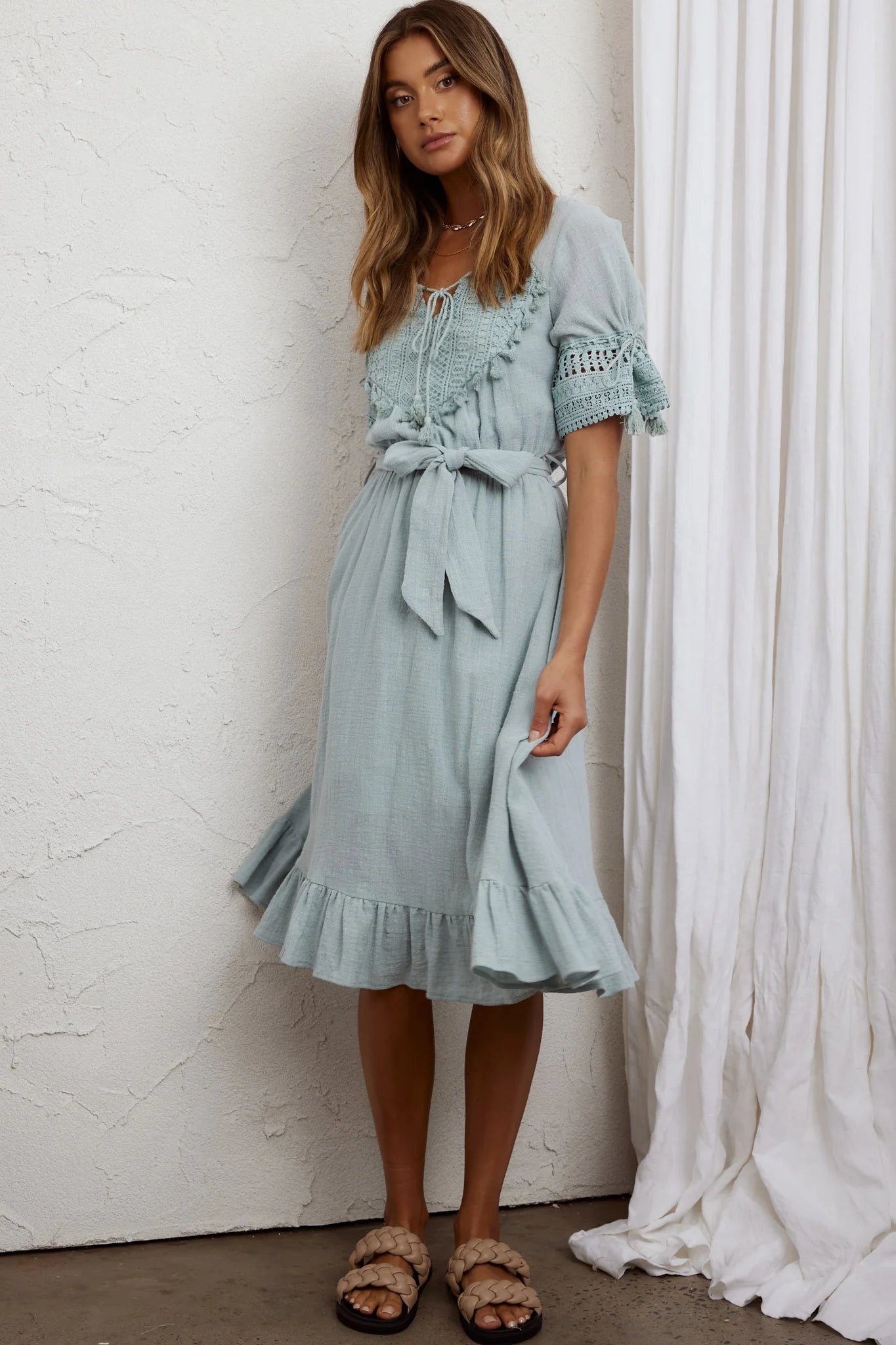 Jada Short Sleeve Crochet Tassel Midi Dress Sage