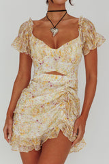Linka Drawstring Detail Frill Dress Floral Beige