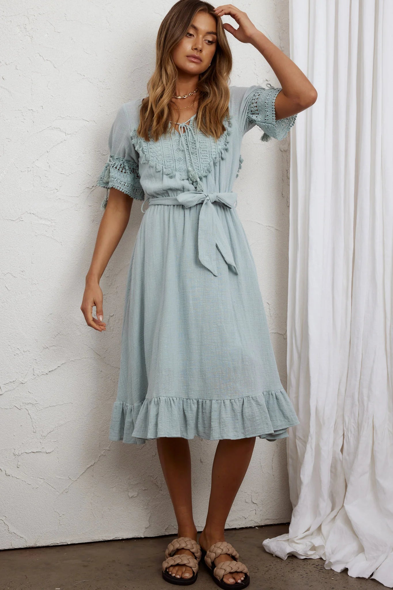 Jada Short Sleeve Crochet Tassel Midi Dress Sage