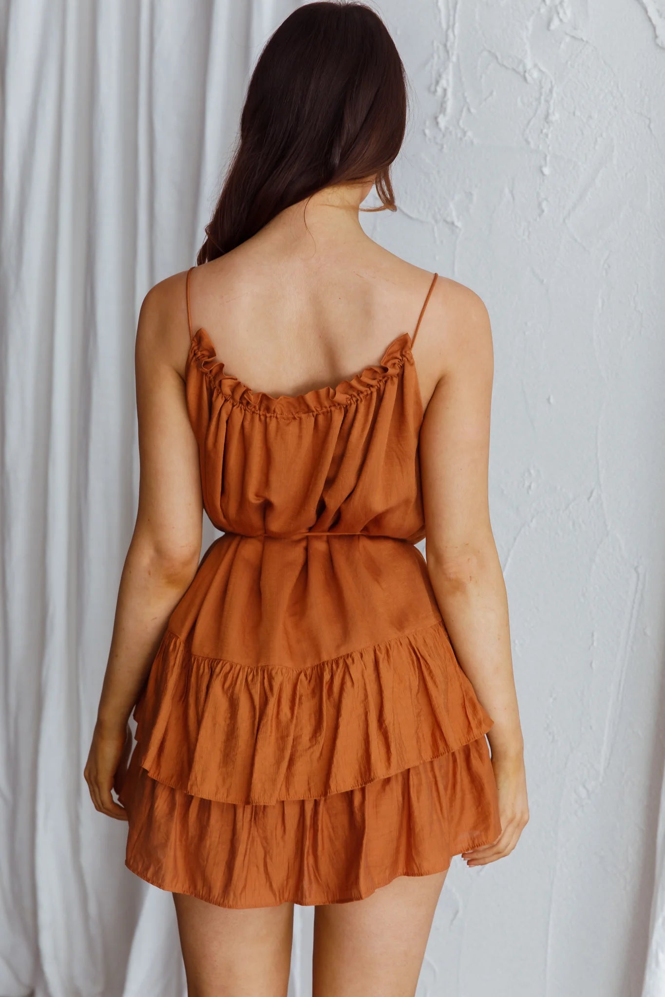 Madeira Drawstring Neckline Frill Mini Dress Tan