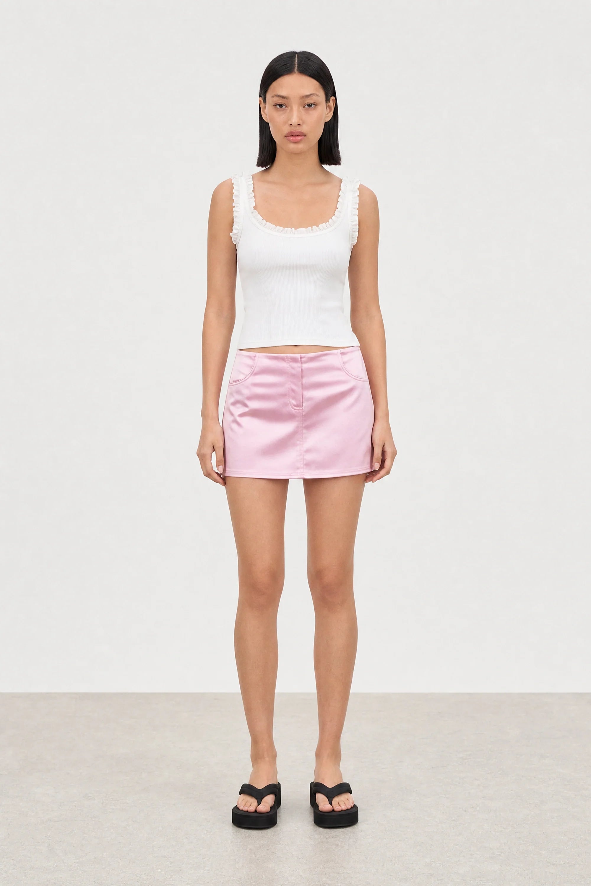 Baby pink shiny satin mini skirt