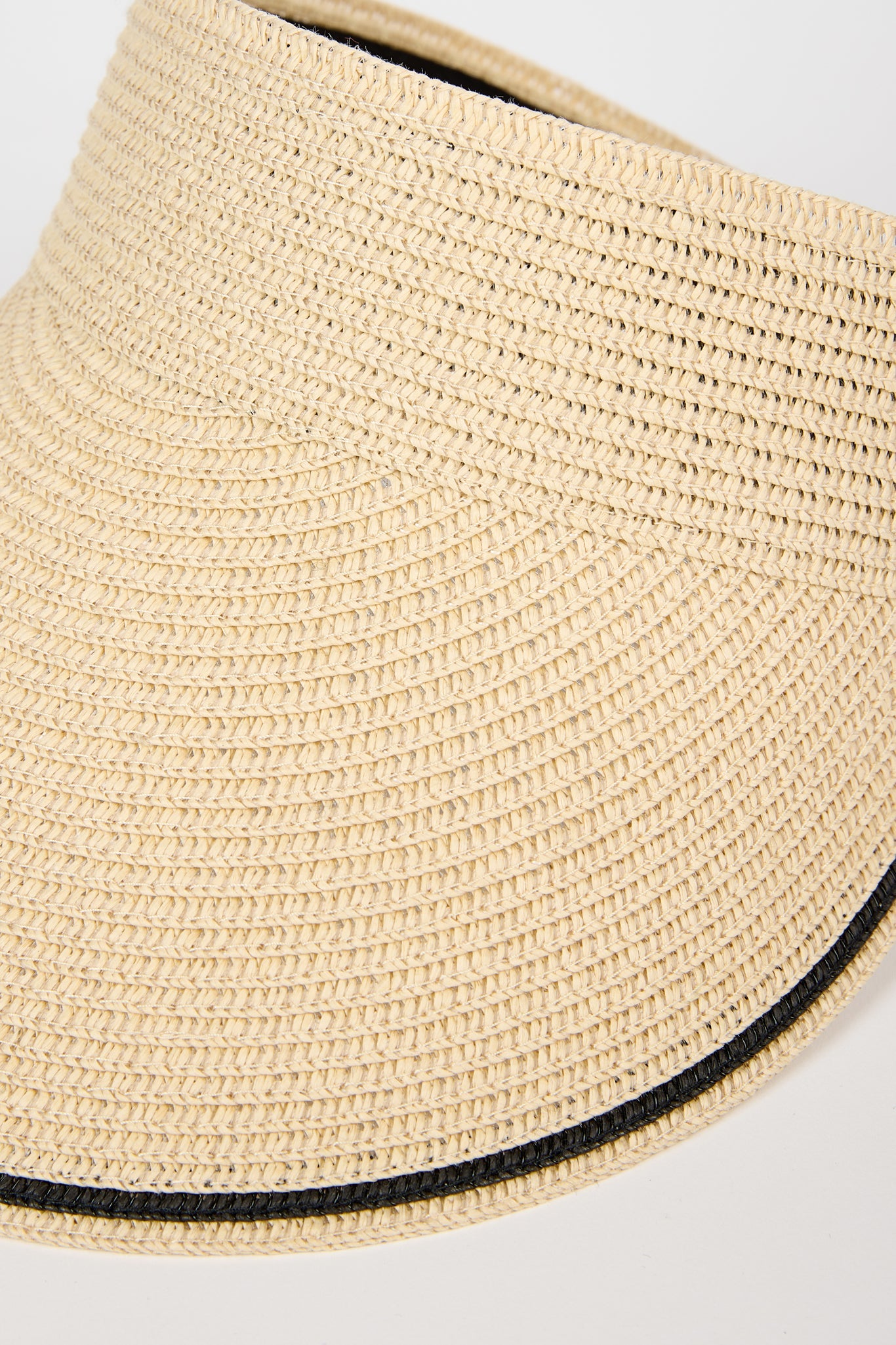 Beige and black trim straw sun visor