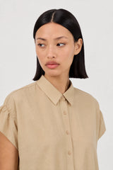 Beige gathered shoulder short sleeved shirt