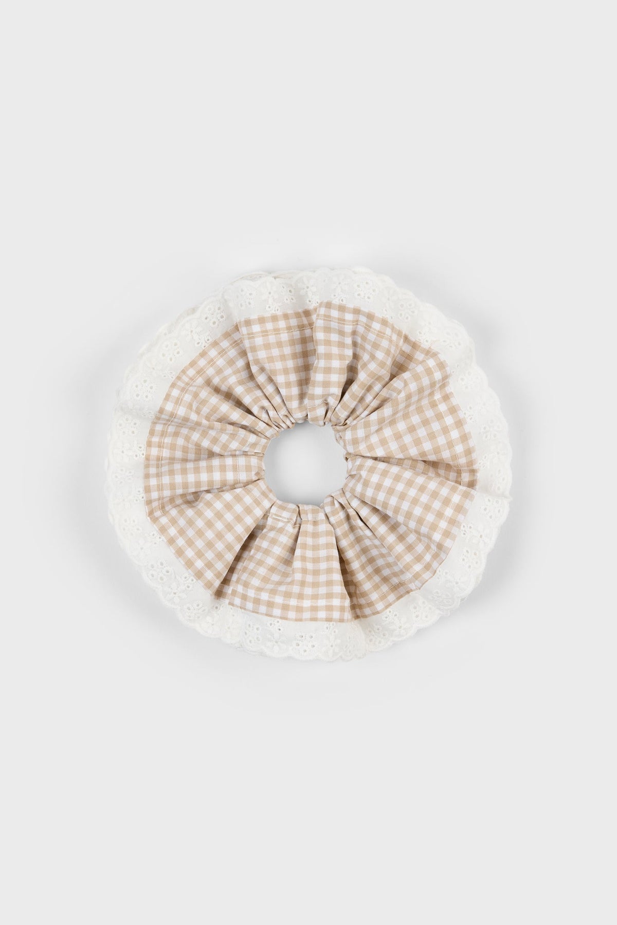 Beige gingham white eyelet trim scrunchie
