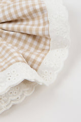 Beige gingham white eyelet trim scrunchie