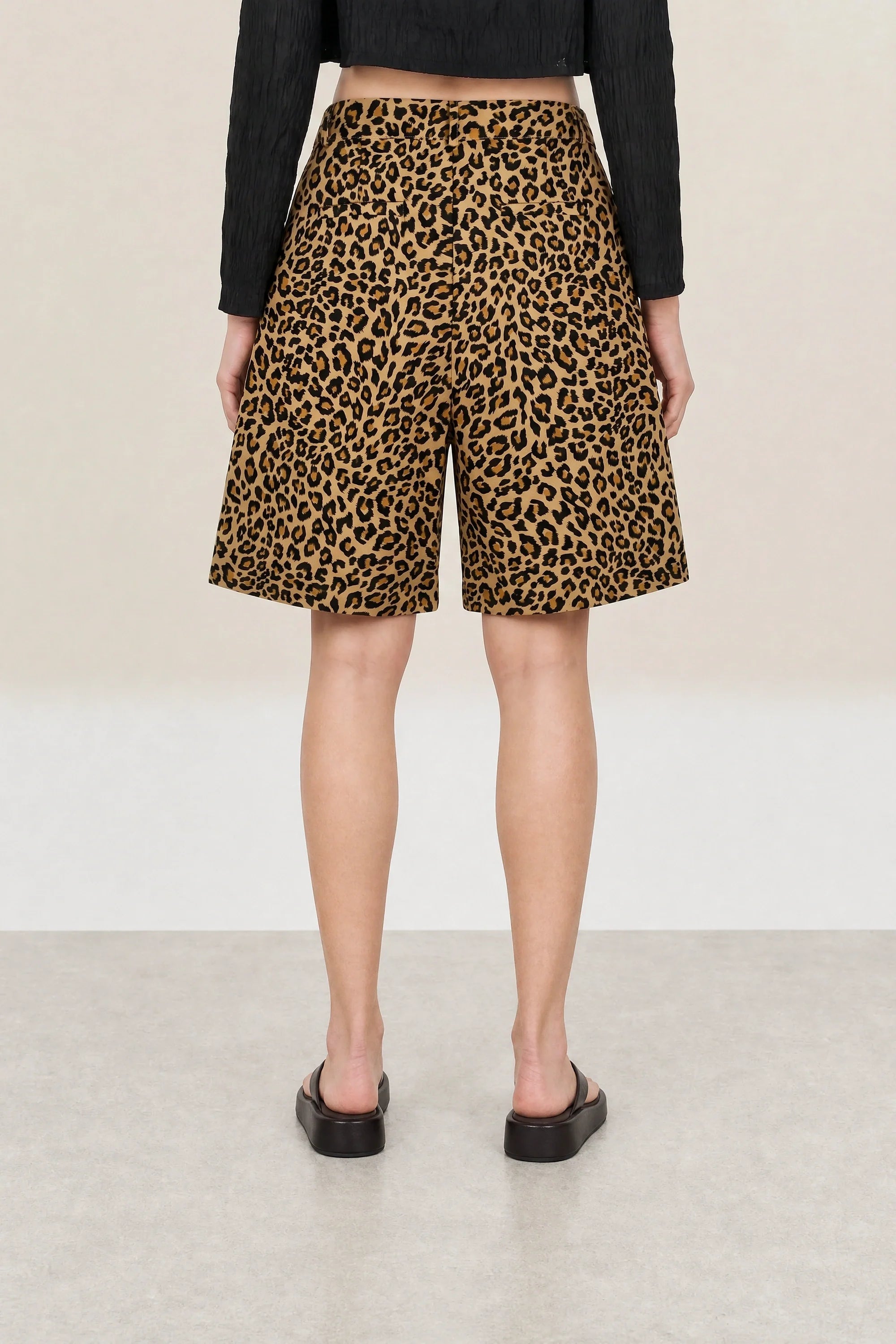 Beige leopard adjustable waist shorts