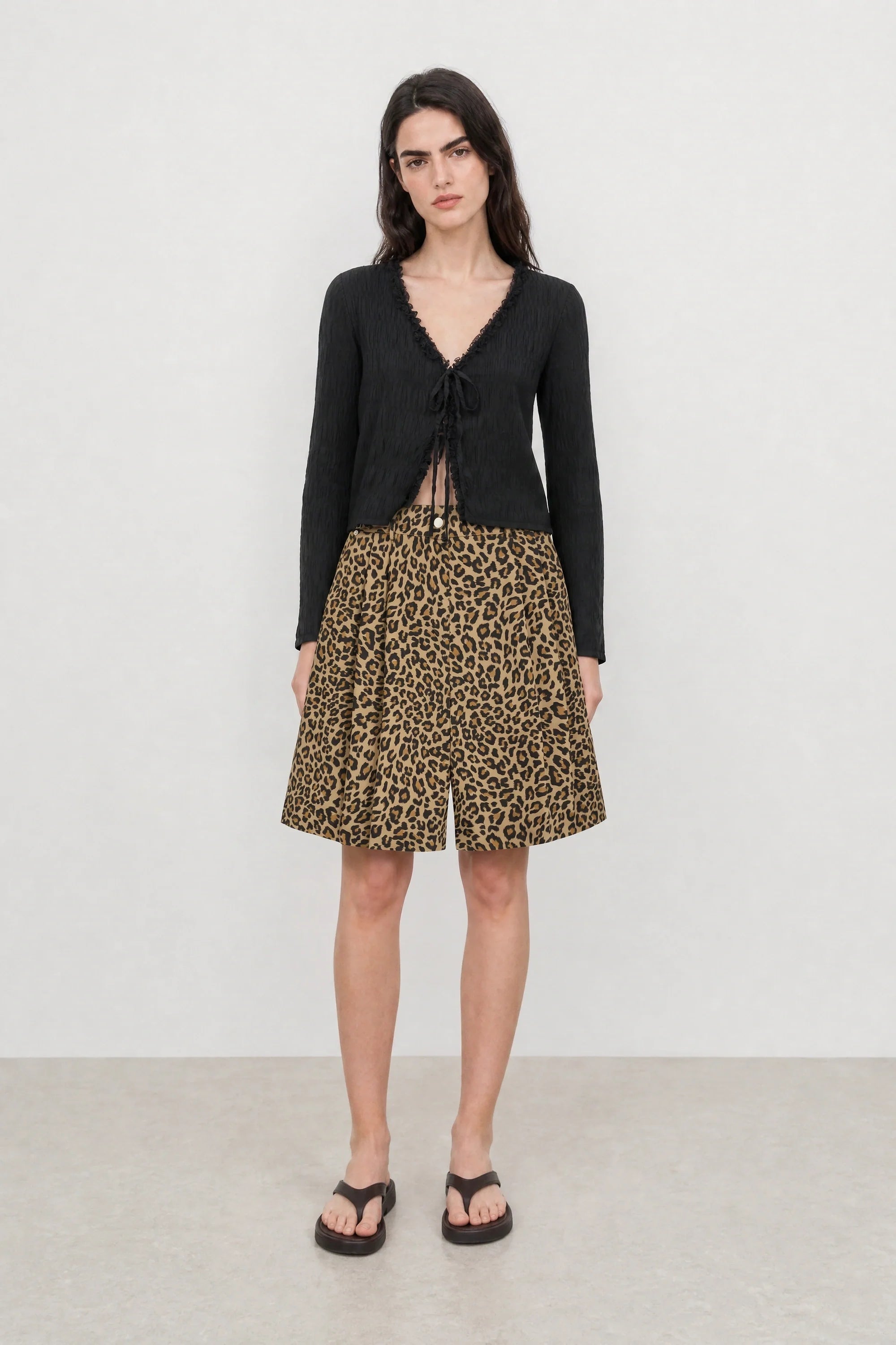 Beige leopard adjustable waist shorts