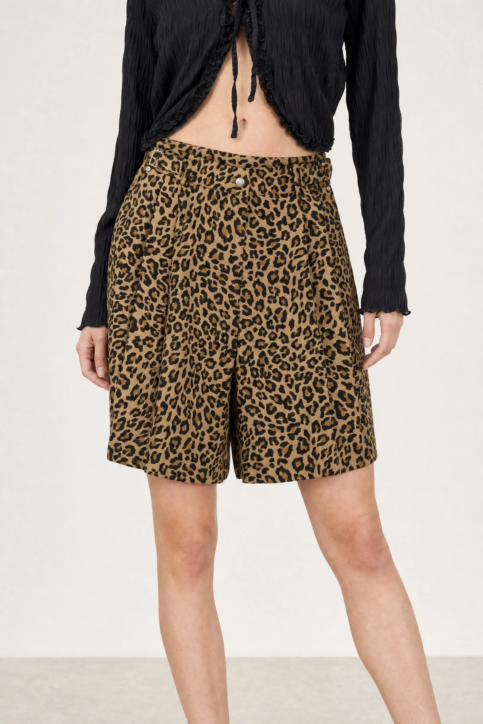 Beige leopard adjustable waist shorts