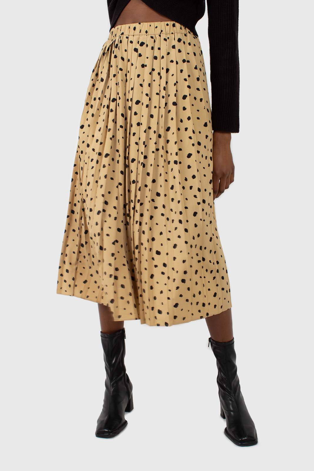 Beige and black leopard print pleated midi skirt