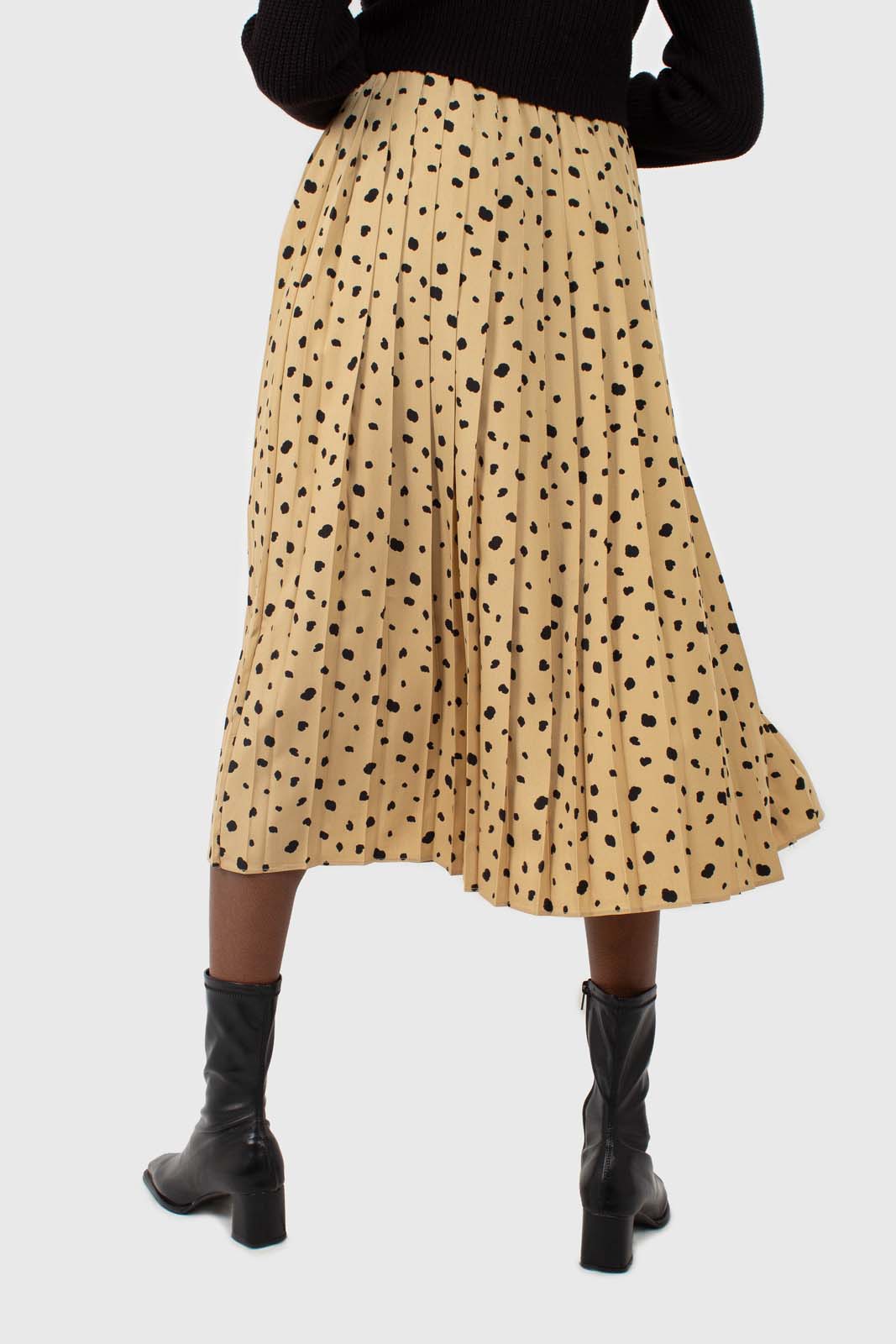 Beige and black leopard print pleated midi skirt