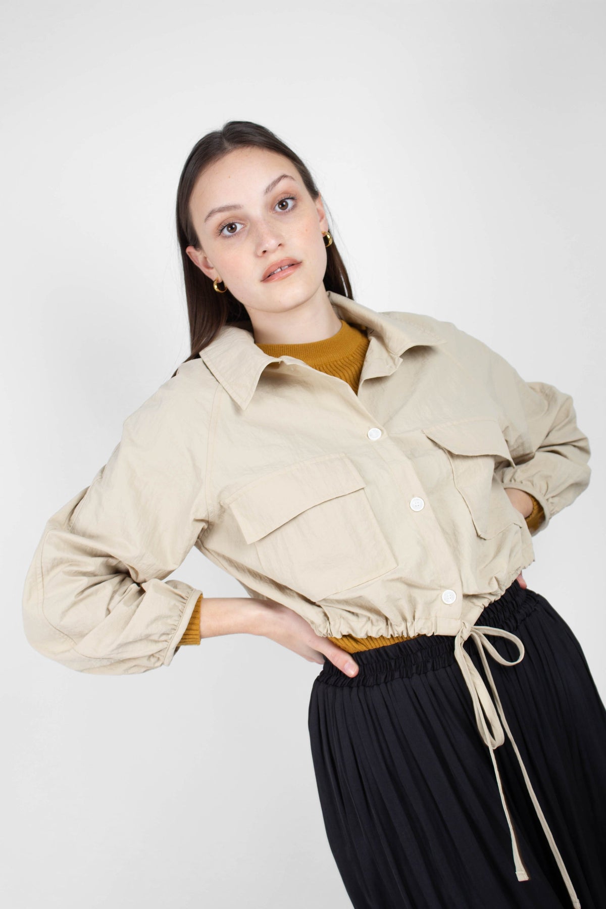 Beige drawstring hem shirt jacket