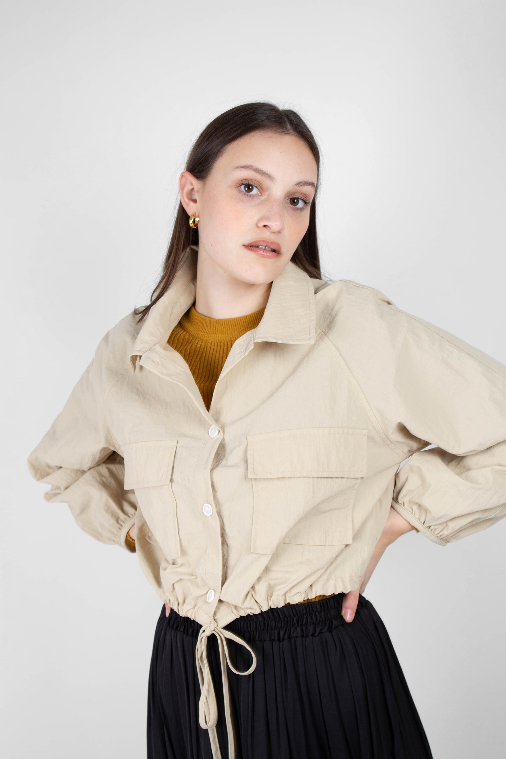 Beige drawstring hem shirt jacket