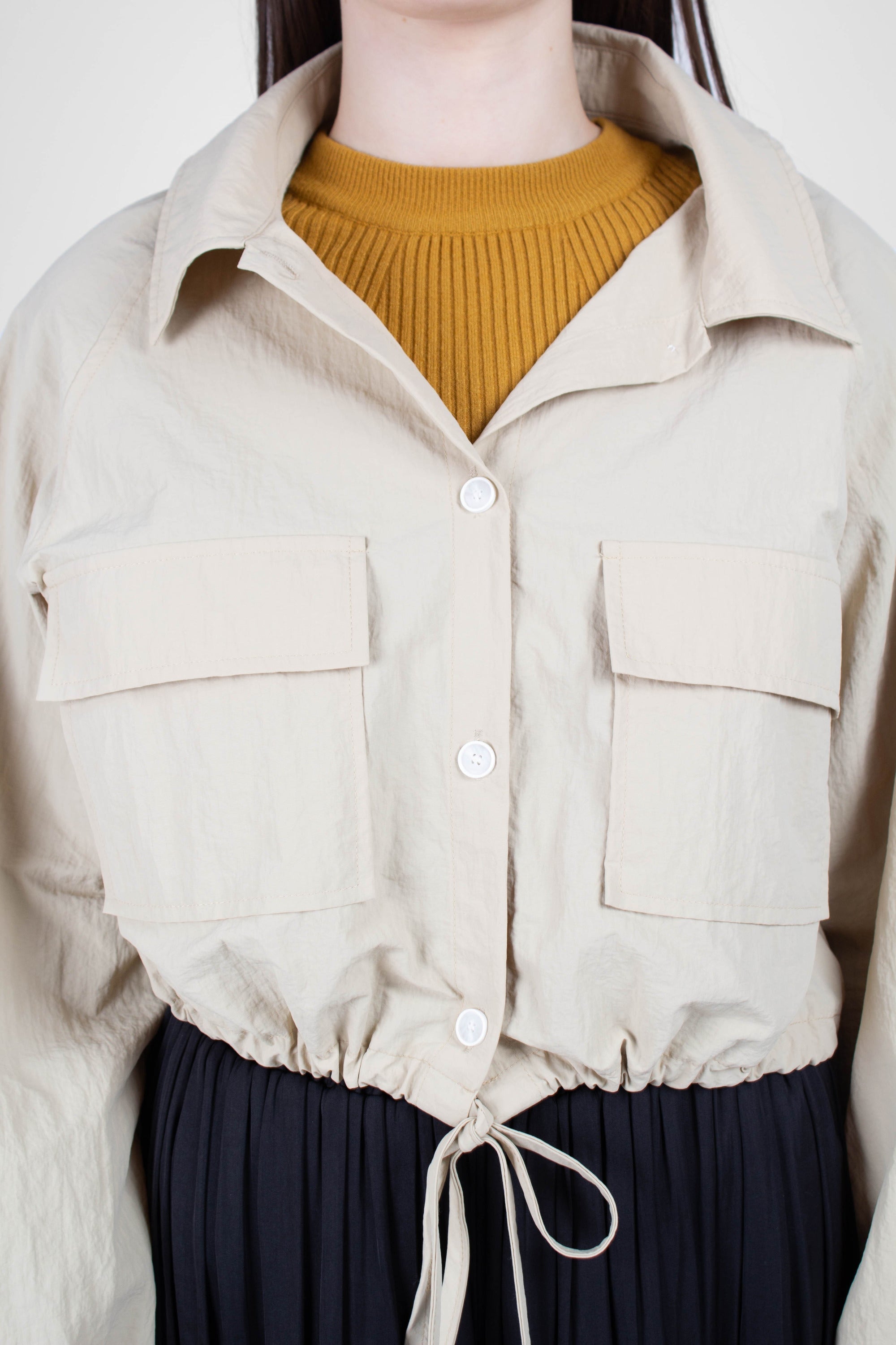 Beige drawstring hem shirt jacket