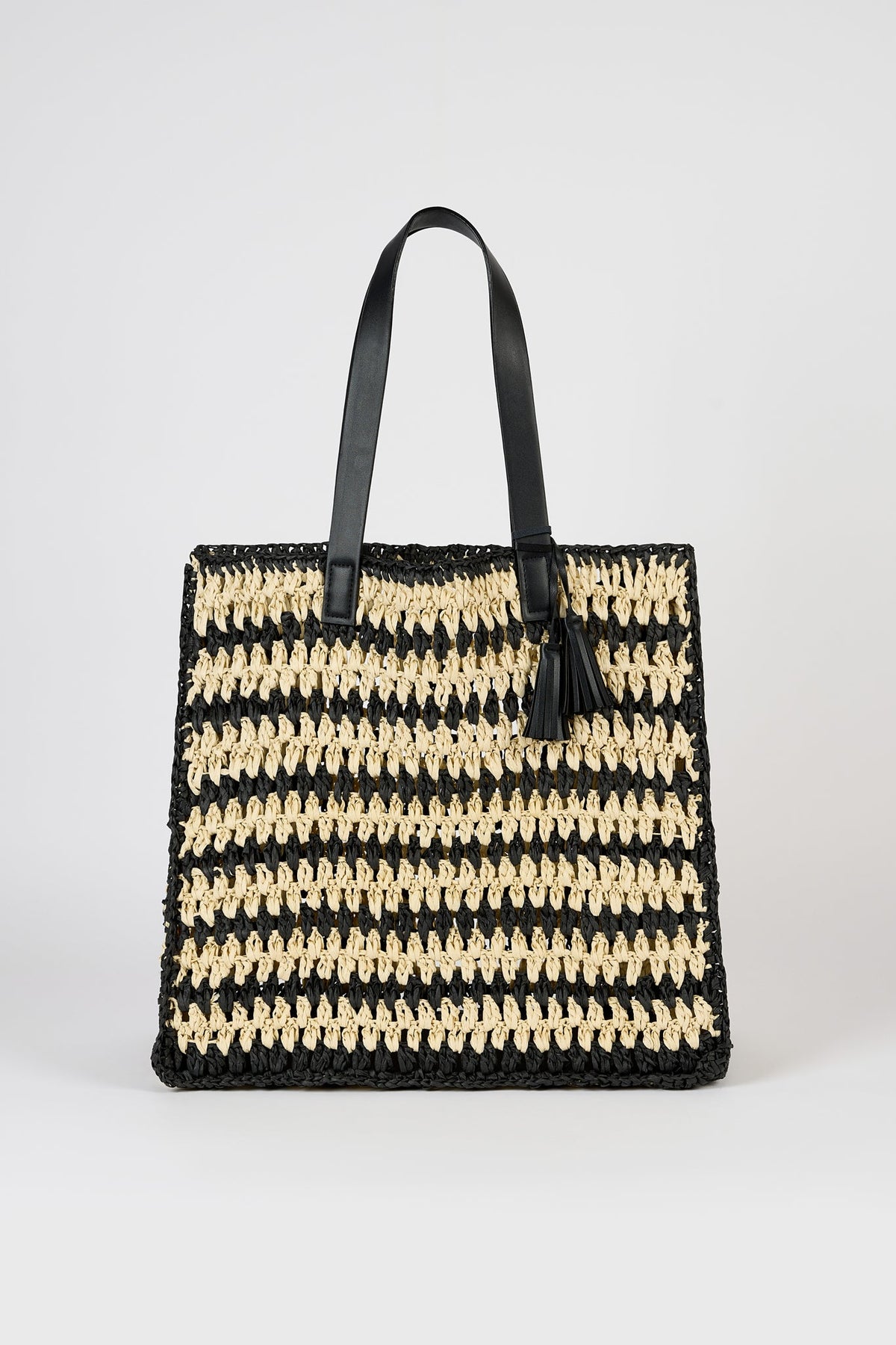 Black and beige striped straw tote bag