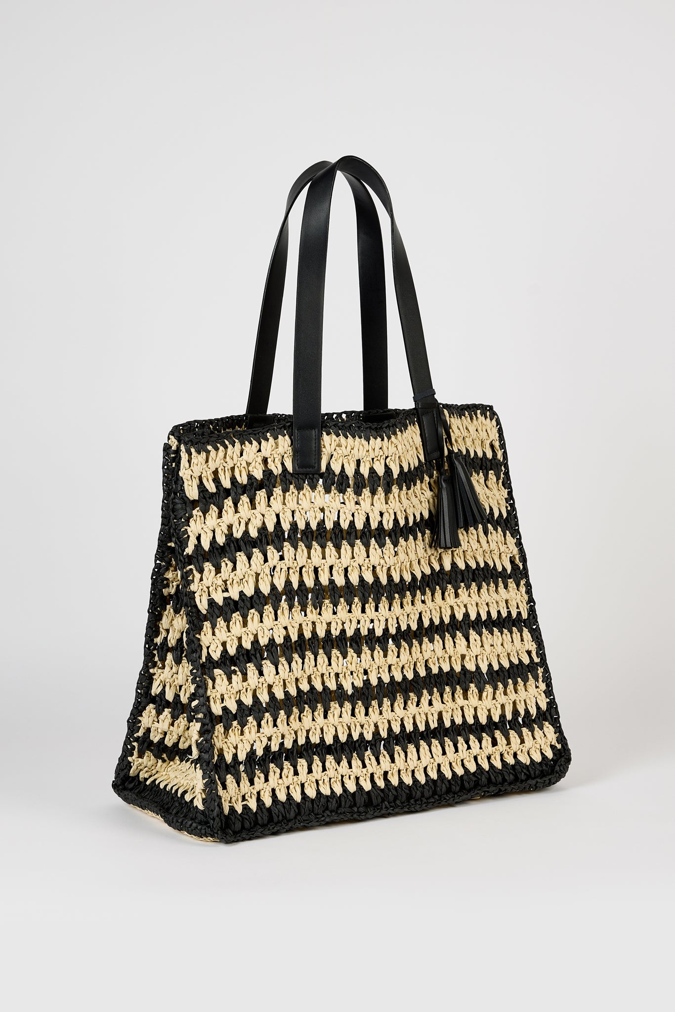 Black and beige striped straw tote bag