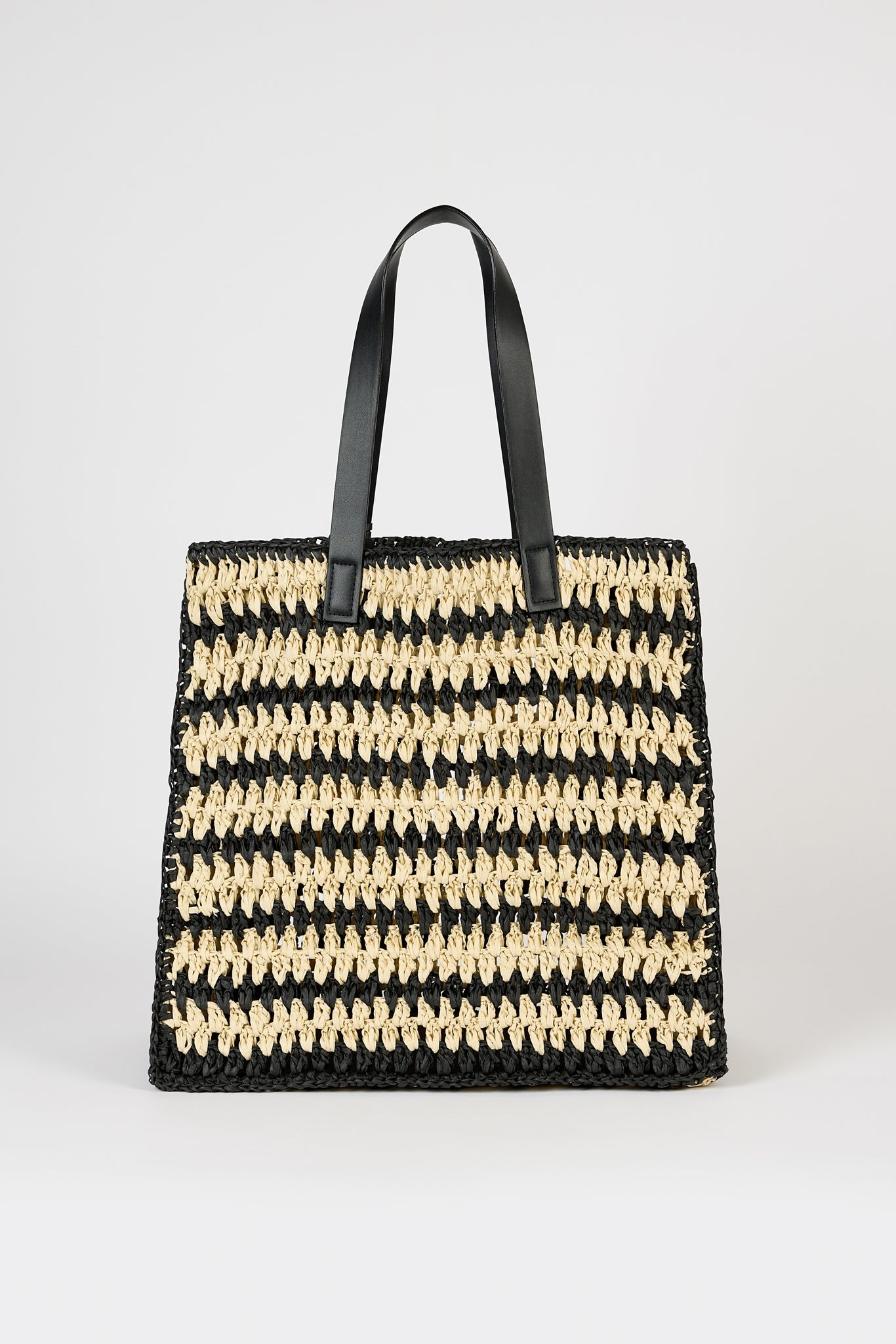 Black and beige striped straw tote bag