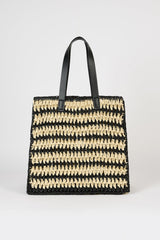 Black and beige striped straw tote bag