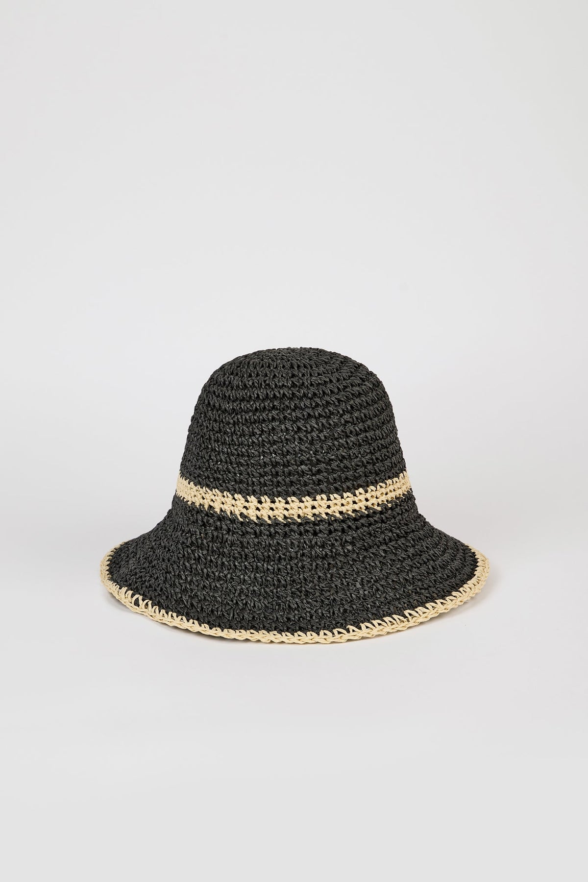 Black and beige woven trim straw hat