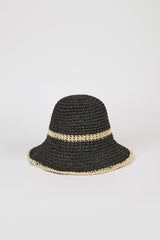 Black and beige woven trim straw hat