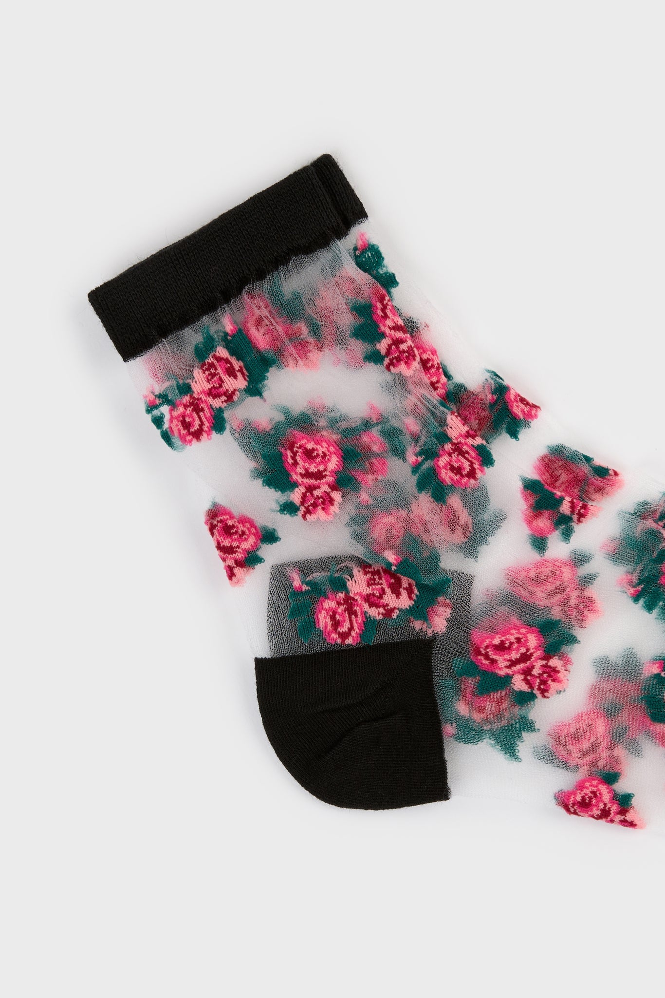 Black and pink rose floral sheer socks