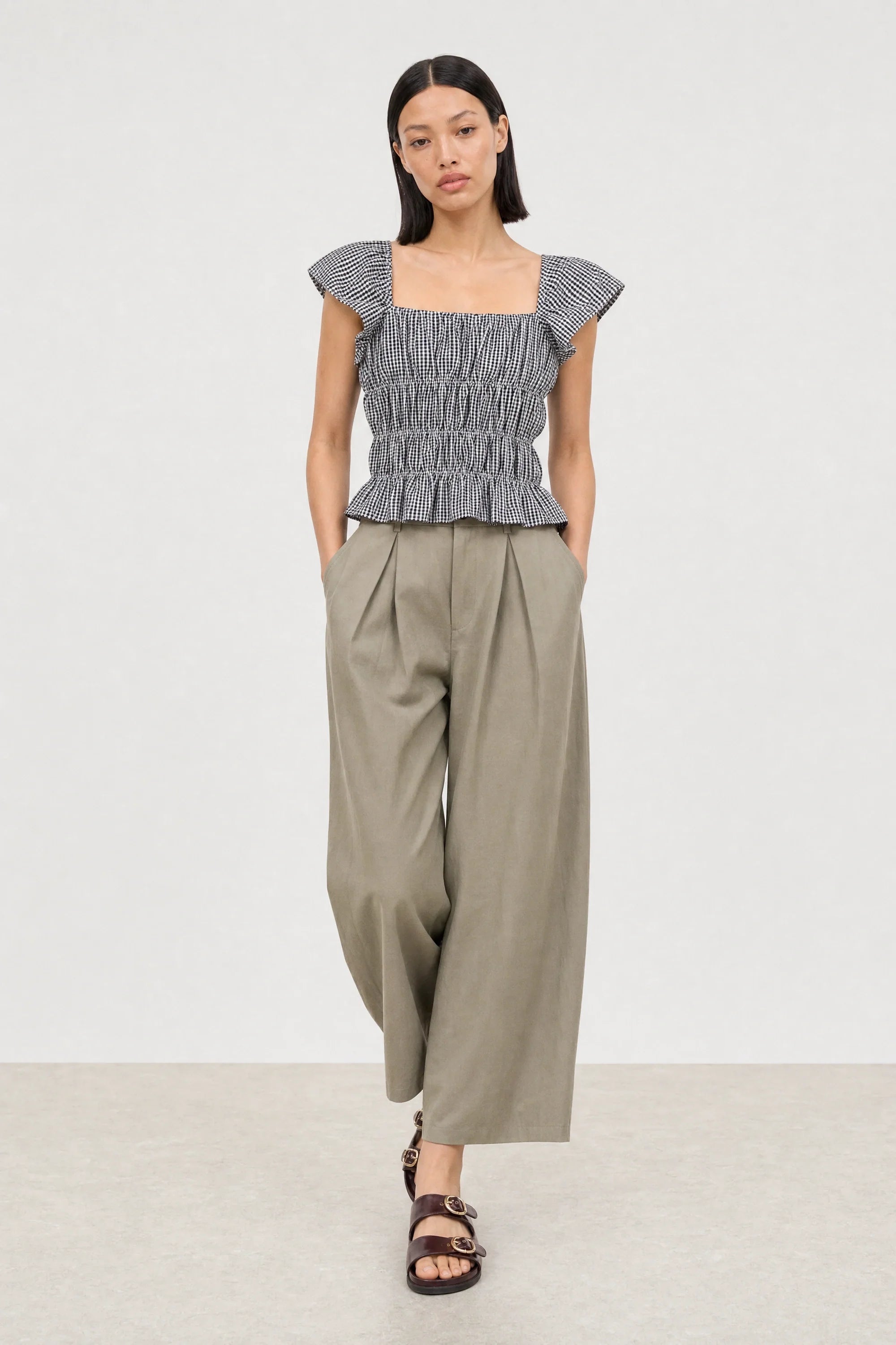 Black and white gingham ruched tank